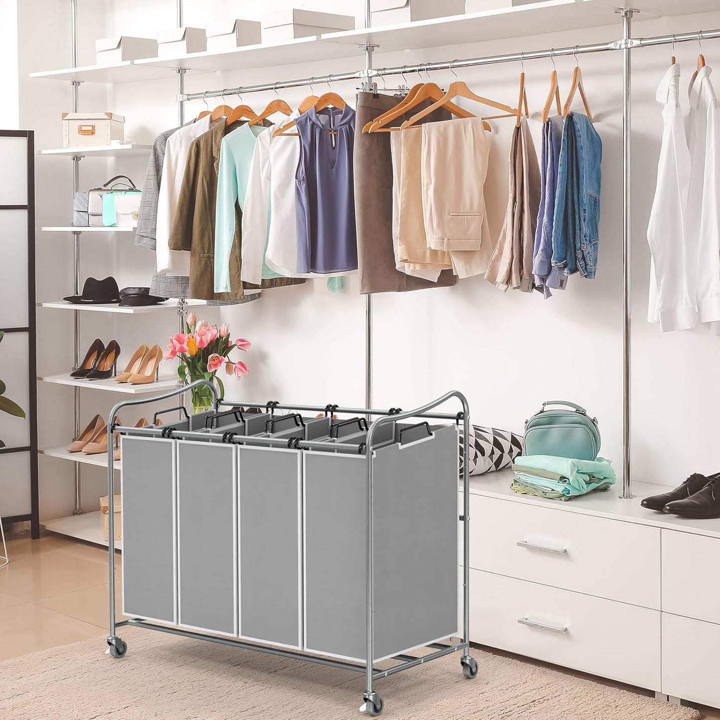 Simple Houseware 4-Bag Heavy Duty Laundry Sorter Rolling Cart, Dark Grey | Removable Bags and Lockable Wheels for Laundry Room Organization