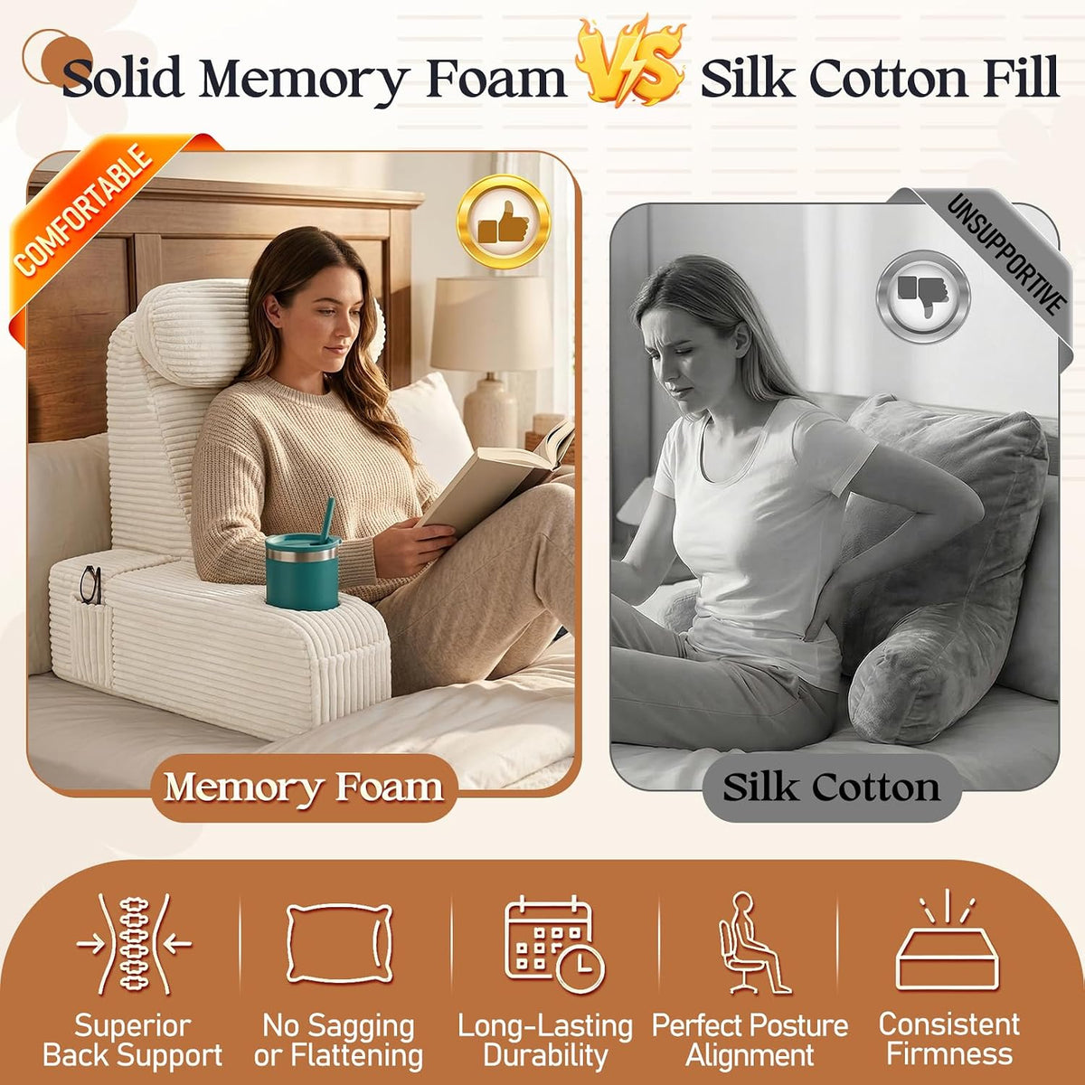 Reading Pillow/Backrest Pillow with Arms, Cup Holder & Phone Pocket