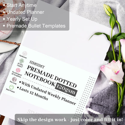 Premade Dotted Journal Notebook with Bullet Templates, Pre-made Dot Grid Journaling with Undated Weekly & Monthly Planner, Various Trackers - 12 Month Organization, A5 Hardcover