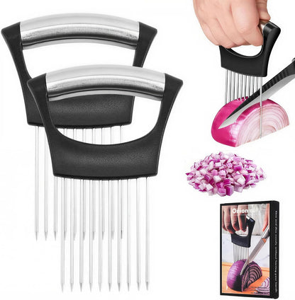 Onion Holder for Slicing, Stainless Steel Onion Slice Holder with 10 Long Needles, Onion Cutter Vegetable Chopper for Potatoes, Tomatoes, Avocados, Lemon, Eggs and Other Vegetables Fruit (2pcs)