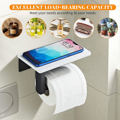 Brushed Nickel Toilet Paper Holder with Marble-Look Shelf, Wall Mounted SUS304 Stainless Steel Toilet Roll Holder with Phone Storage