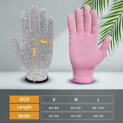Evridwear Level 5 Cut Resistant Gloves with Non-Slip Grip, 2 Pairs | HPPE Material, Food Safe, Comfortable & Breathable, Kitchen, Crafting & DIY Projects(M, Pink+Gray)
