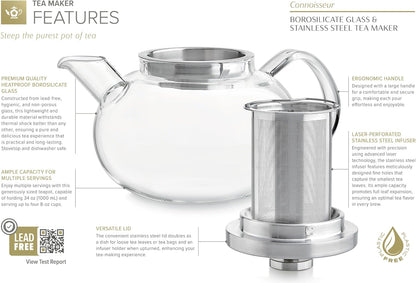 Teabloom Connoisseur Glass Teapot with Stainless Steel Infuser for Loose Tea – 4-Cup Capacity, Stovetop-Safe, Durable Borosilicate Glass, Perfect for Hot and Iced Tea