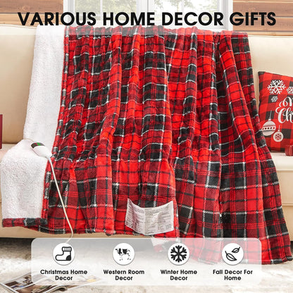 Heated Blanket Electric Throw 50X60 Heating Blanket with 10 Heating Levels 8 Hours Auto Off, Blue Plaid Sherpa Blankets Winter Warmer, Home Decor for Couch Bed Office,Gifts for Mom, Women,Washable