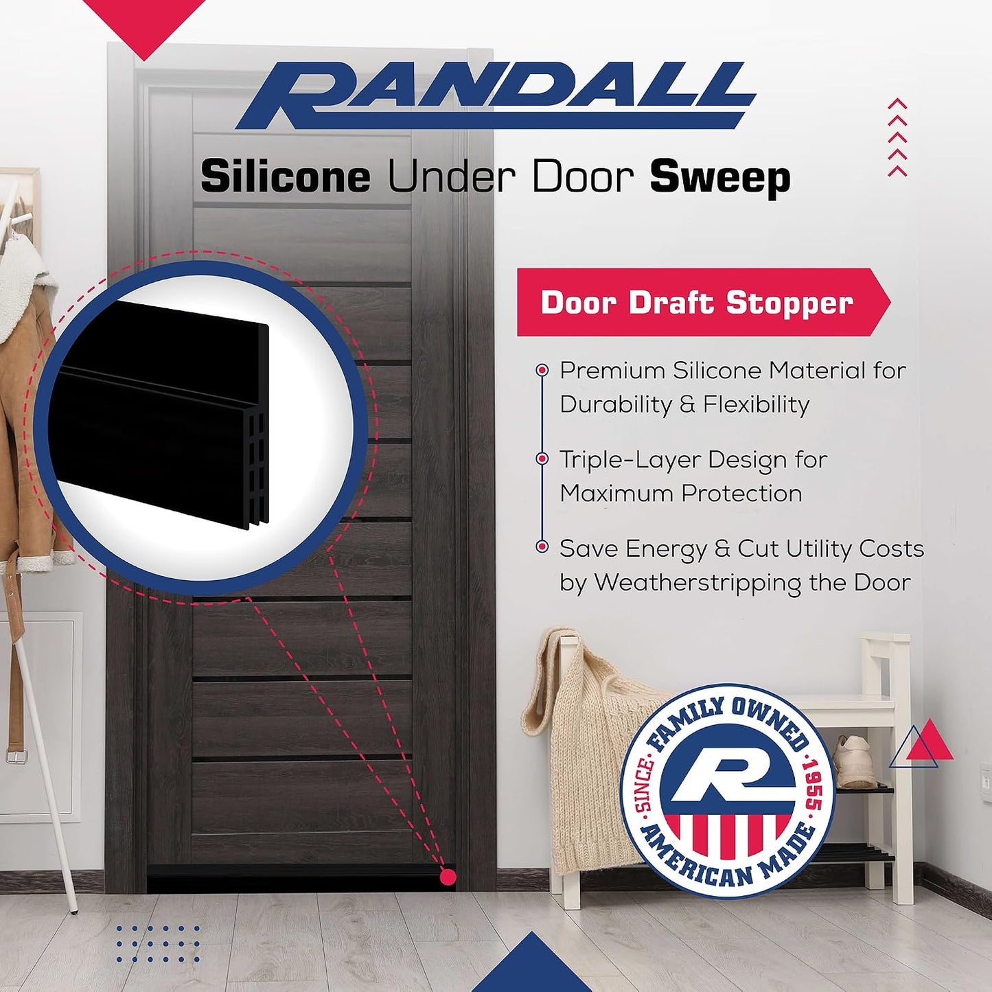 Adhesive Backed Door Draft Stopper – Silicone Under Door Sweep for Interior & Exterior Doors, Noise & Air Insulation, Self Stick Weather Stripping Door Seal, 2" W x 39" L (White) by Randall Mfg