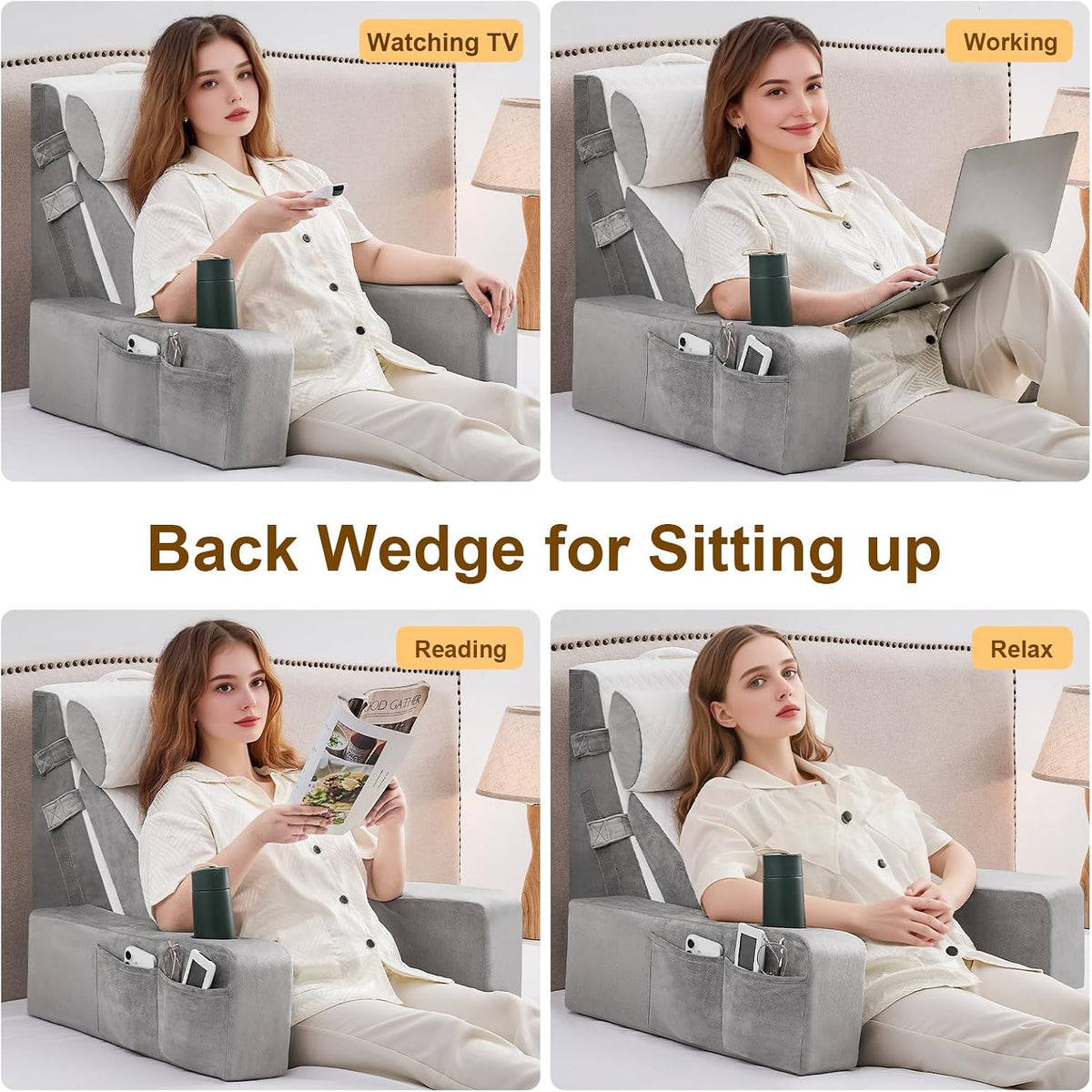 Reading Pillow for Sitting in Bed Adult, Back Pillow for Bed Sitting up with Arms, Pockets and Cup holder, Sit Up Backrest Pillows for Beds Chair Support, Rest Pillow for Gaming (Light gray)