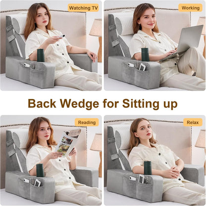 Reading Pillow for Sitting in Bed Adult, Back Pillow for Bed Sitting up with Arms, Pockets and Cup holder, Sit Up Backrest Pillows for Beds Chair Support, Rest Pillow for Gaming (Light gray)