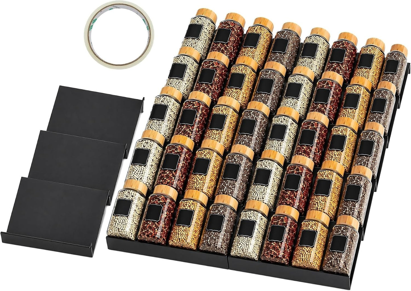 8 Pack Expandable Spice Drawer Organizer Tray Insert for Kitchen | Holds 32 jars, 4 tier steps, tool-free assembly, easy clean surface