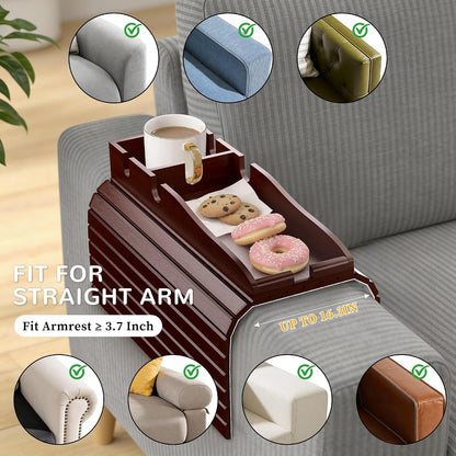 Korser Couch Armrest Table, Sofa Arm Tray with Removable Cup Holder, 2 in 1 Anti-Slip Armrest Tray Table for Couch, Bamboo Foldable Couch Cup Holder for Drinks Snacks Phone Remote Control