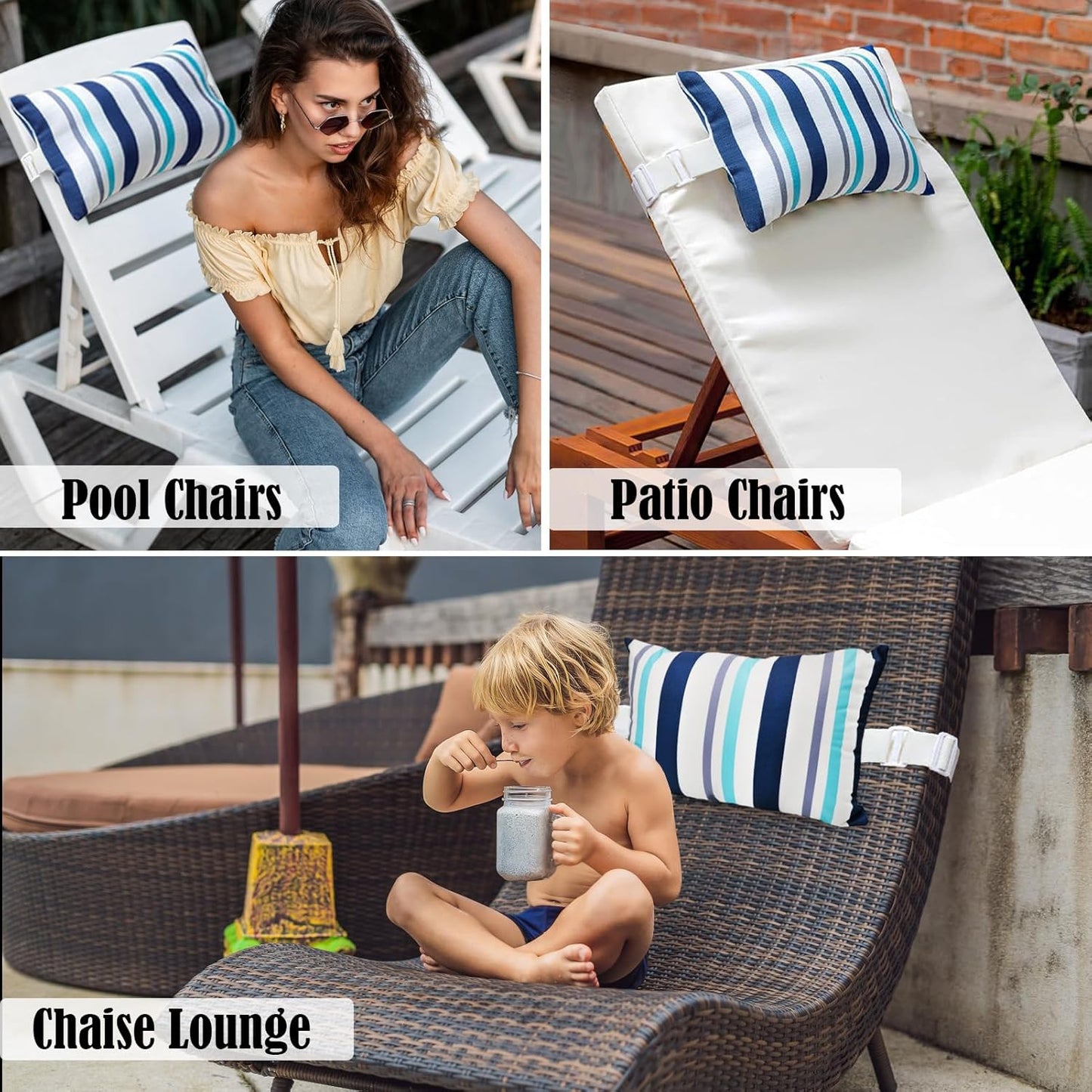 Chaise Lounge Head Pillow Oudoor Patio Pillow with Elastic Strap | 2 Pack Water Resistant Headrest Pillows for Recliner, Beach Chair, Office Chair, A