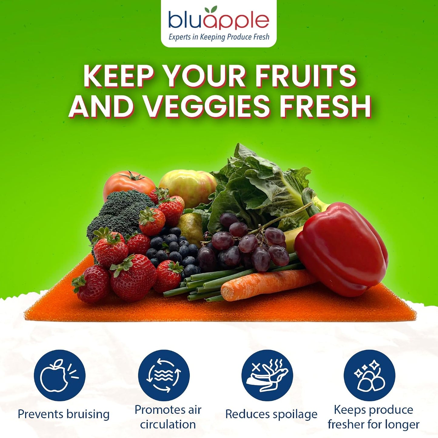 Bluapple FreshMats - Refrigerator Bin Liners, Fridge Drawer Mats - Keeps Produce Fresh Longer, Prevents Bruising, Promotes Air Circulation - BPA-Free Polyurethane Foam - (4-Piece Set, 12"x15", Green)