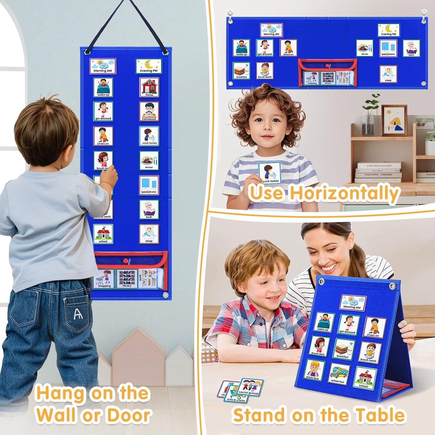 Visual Schedule for Kids with Autism Chore Chart for Toddler Planning Board Daily Routine Chart Autism Learning Materials Classroom, Home Use with 124 Cards (Blue)