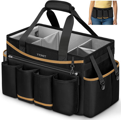 Ytonet Cleaning Caddy Bag, Extra Large Cleaning Supplies Organizer, Black | Detachable Apron & Foldable Dividers, 900D Cleaning Tote with Handle, Portable Cleaner Caddy for Housekeeper, Detailing Bag