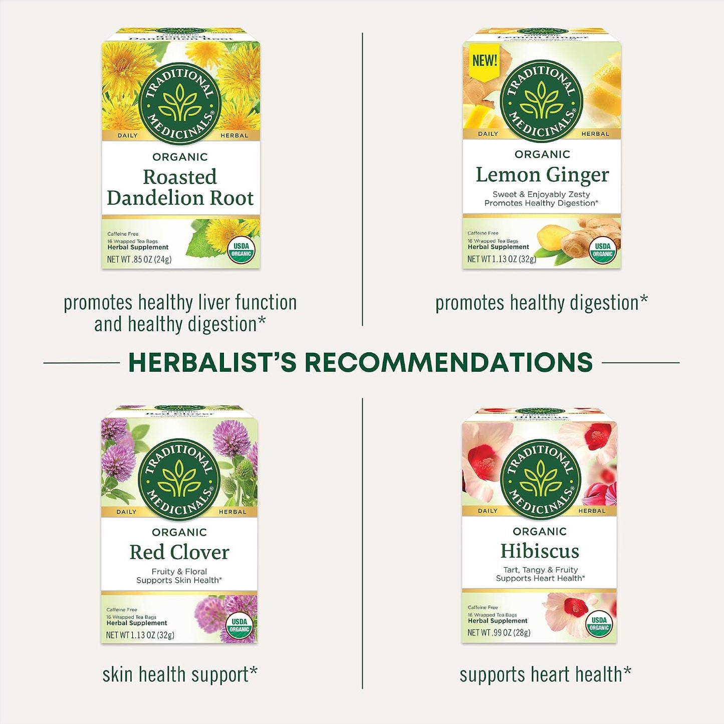 Traditional Medicinals Organic, Dandelion Leaf & Root - Dandelion Root Tea, Supports Normal Detox + Digestion - Kosher, Non-GMO, Caffeine-Free, Compostable - 16 Tea Bags