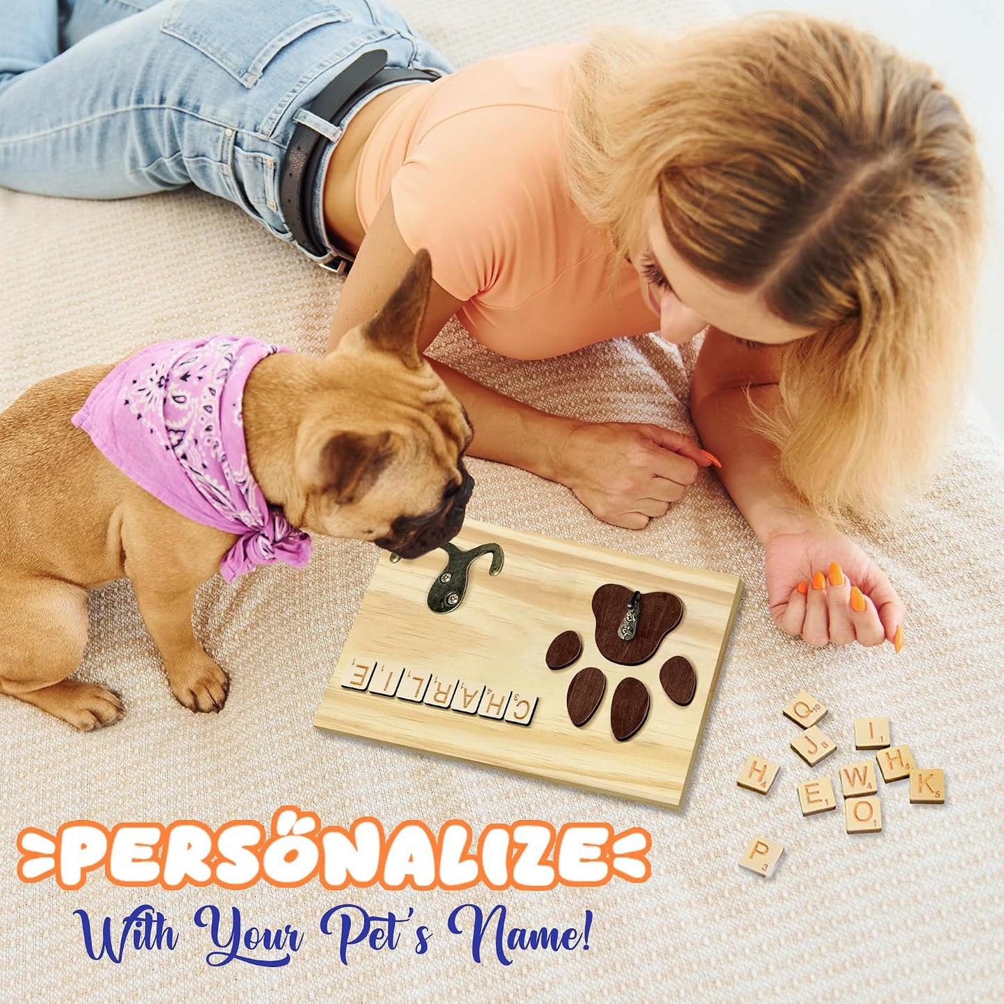 Dog Leash Holder Wall Mount, Pet Harness Hanger with Scrabble Letters, Dog Collar Organizer for Entryway, Memorial Cat Leash Holder for Wall, Pet Loss Gifts, Keepsake, Home Decor PF212-NAT