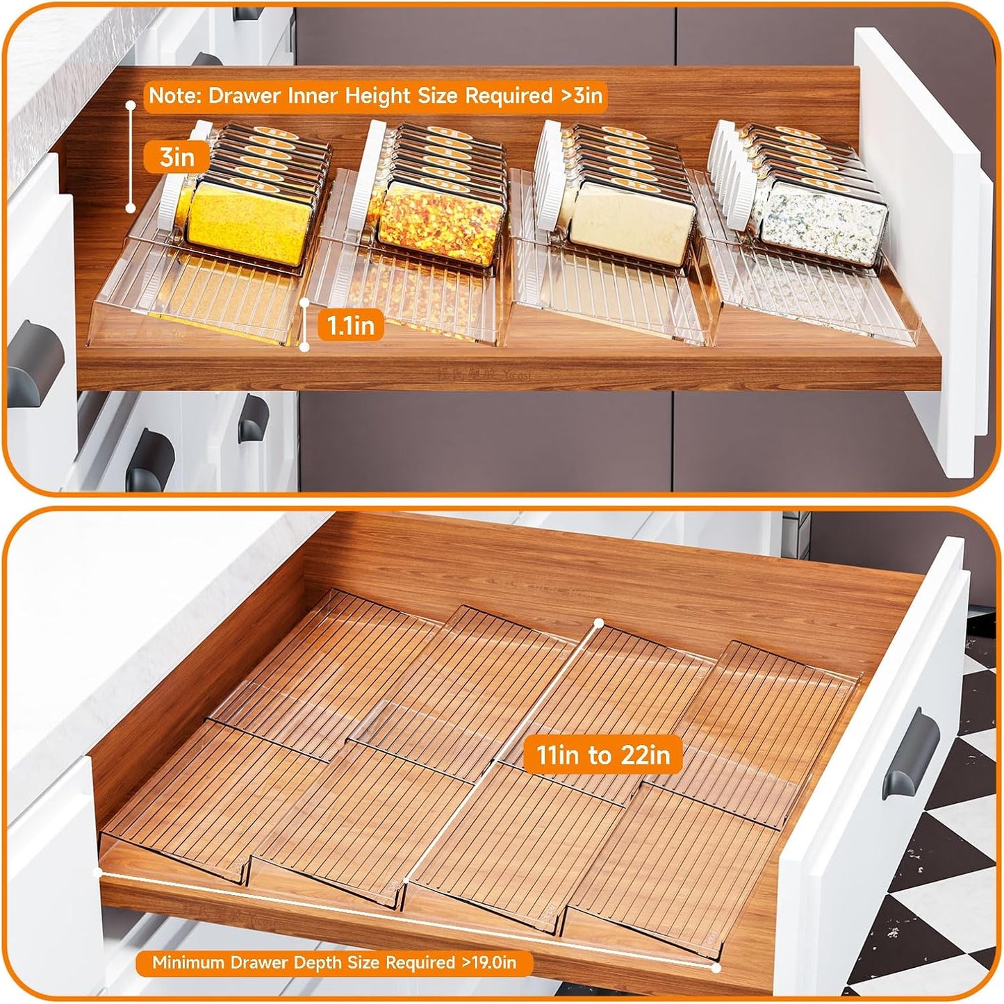 8 Pack Adjustable In Drawer Spice Organizer - Expandable From 11'' to 22'' - Acrylic Drawer Seasoning Organizer,Clear Spice Organization Tray for Cabinet Drawers Condiment,Nail Polish and Jar