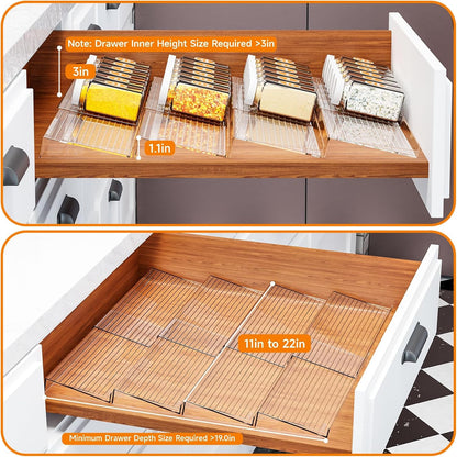 8 Pack Adjustable In Drawer Spice Organizer - Expandable From 11'' to 22'' - Acrylic Drawer Seasoning Organizer,Clear Spice Organization Tray for Cabinet Drawers Condiment,Nail Polish and Jar