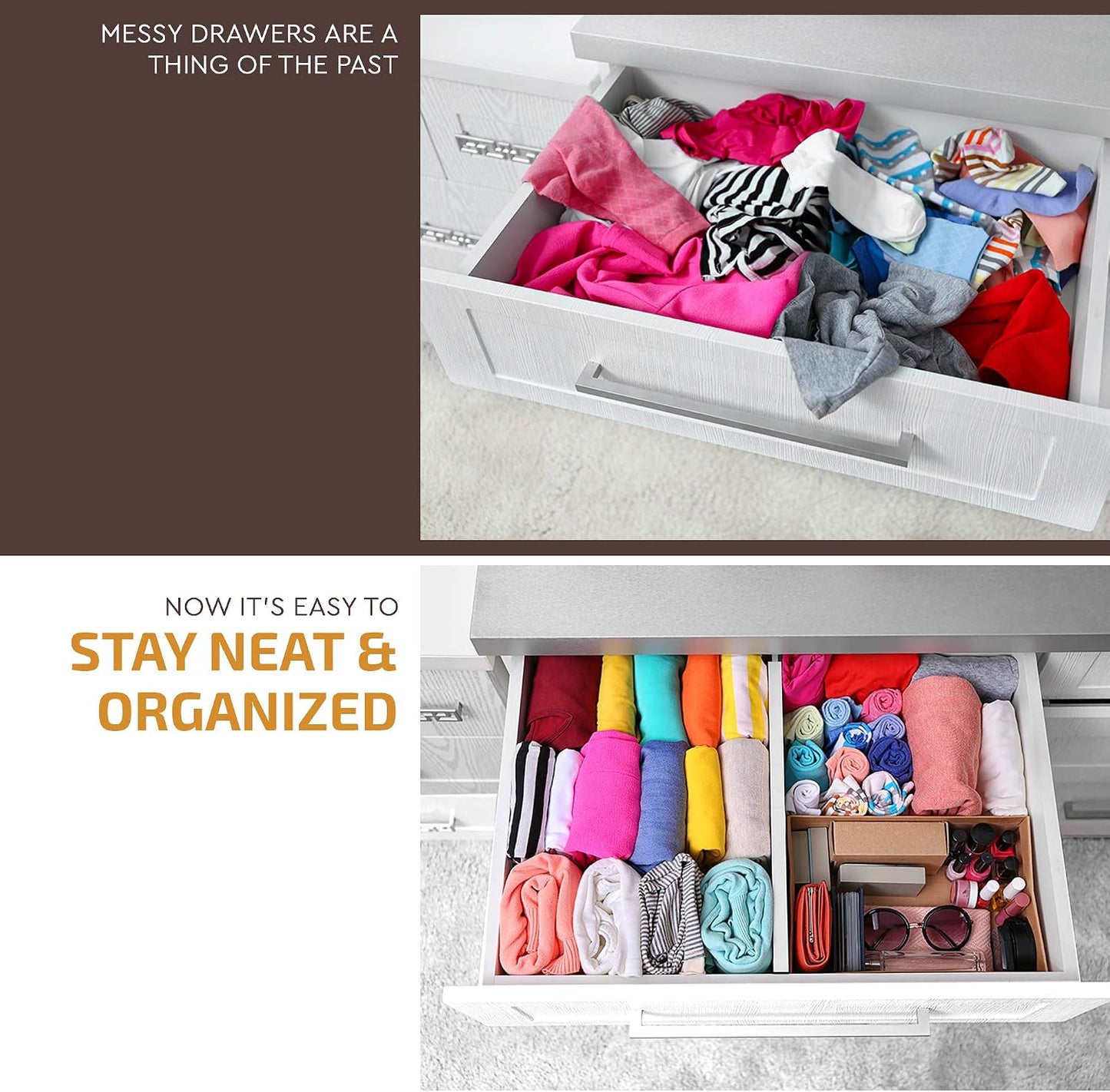 6-Pack Drawer Dividers 2.6-Inch High Dresser Drawer Organizer 16 to 22 Inch | Bamboo, Spring Loaded, No Tools Needed, Fits Wide Drawers for Socks, Clothes, Utensils, Bedroom, Bathroom, Kitchen, Office