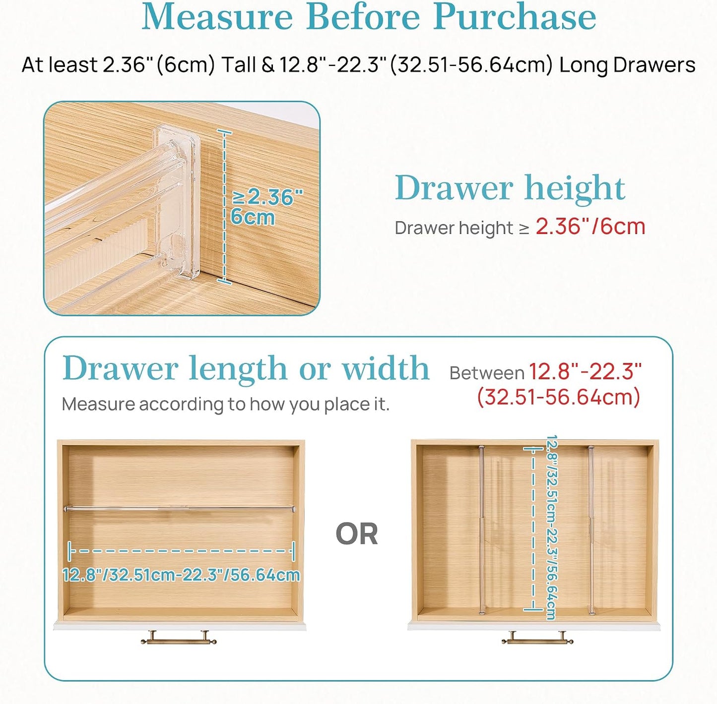 Vtopmart 2.36" Drawer Dividers with Expandable Inserts, 12.8"-22.3", 8 Pack | Adjustable Kitchen Drawer Organizer, Clear Organizer Separator for Flatware, Utensil, Cutlery, 8 Dividers with 14 Inserts
