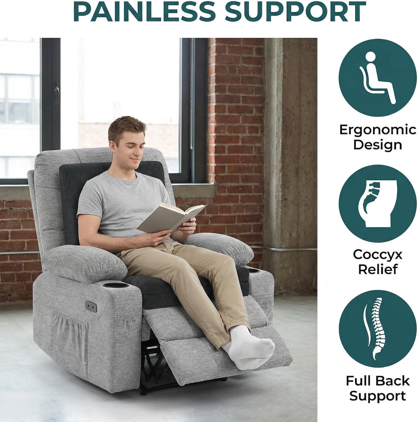 baibu Memory Foam Recliner Cushions with Lumbar Support Pillow Set for Elderly, 20x20x5 Inch Dual-Layer Design Non-Slip Recliner Seat Cushion & Back Support Pillow for Reduce Hip & Lumbar Pain, Brown