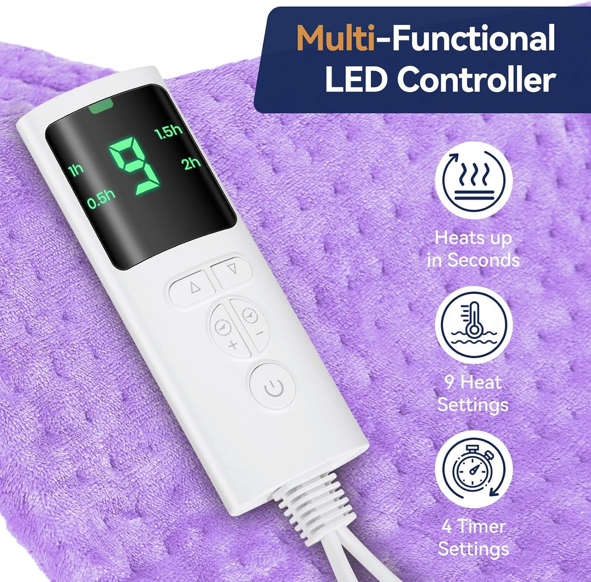 Heating Pad for Back, 17 x 33 in,9 Heat Settings,4 Timer, Gray