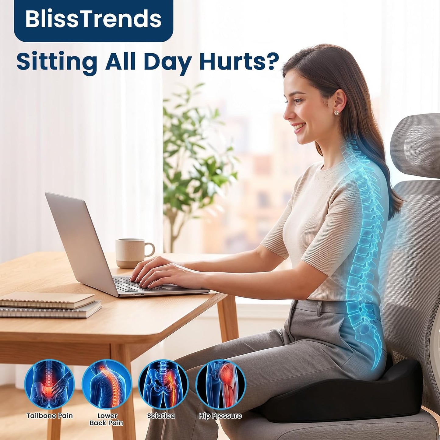 BlissTrends Memory Foam Seat Cushion for Office Chair & Car Seat, Black | 4.7in Ergonomic Tailbone & Sciatica Support with Removable Velvet Cover for Pressure Relief and Long Sitting Comfort