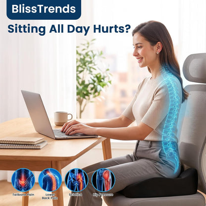 BlissTrends Memory Foam Seat Cushion for Office Chair & Car Seat, Black | 4.7in Ergonomic Tailbone & Sciatica Support with Removable Velvet Cover for Pressure Relief and Long Sitting Comfort