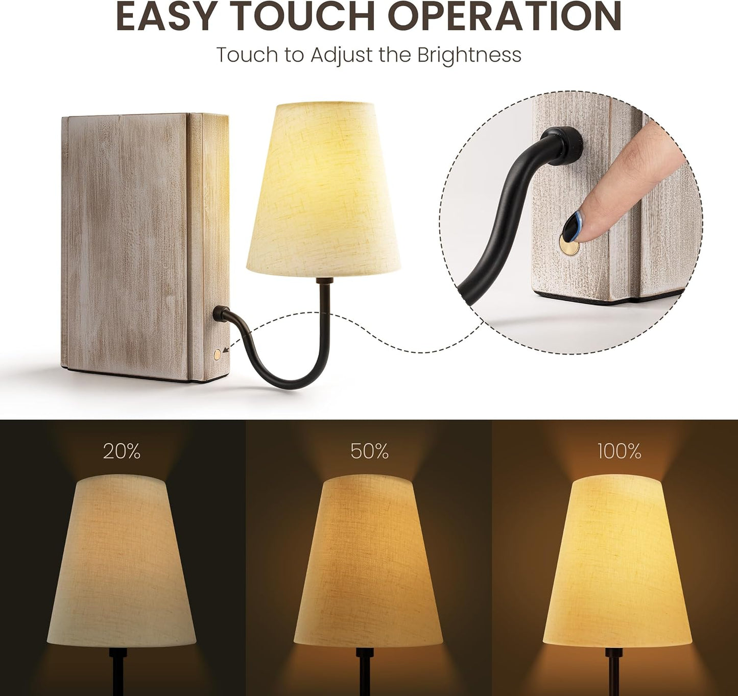 AELS Solid Wood Bookshelf Lamp with Bulb, Cordless Rechargeable Touch Dimmable Table Lamp with Linen Fabric Shade, Modern Decorative Bookend Lamp for Bedroom, Office & Bookshelf Decor, Dark Brown