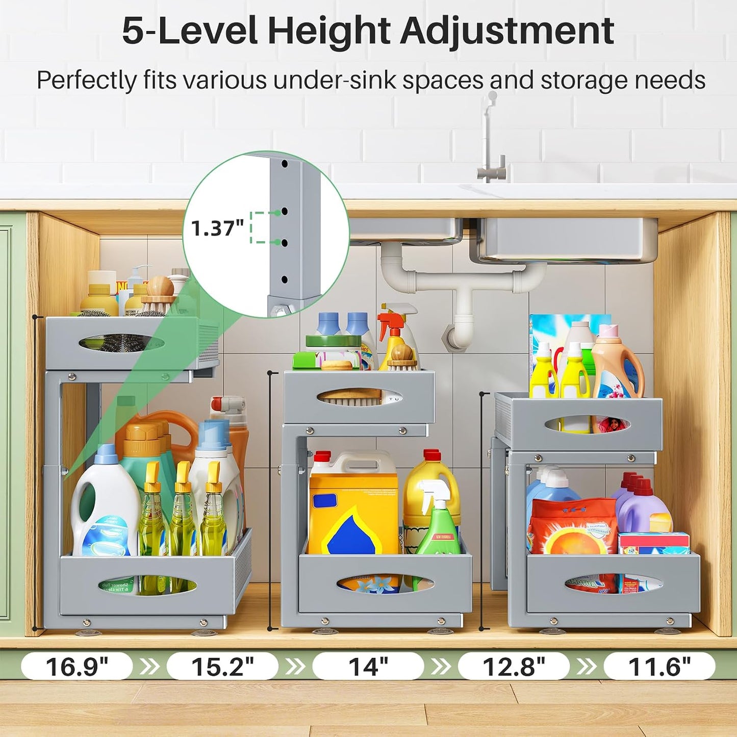 Under Sink Organizer, 2 Tier Pull out Cabinet Organizer Baskets with Mesh Sliding Drawers, Slide out Storage Shelf for Home, Kitchen, Bathroom, Pantry, Office Cabinet, Countertop(1 Pack)