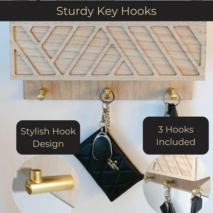 BLU MONACO Wall-Mounted Mail and Key Holder – Natural Wood 2-Tier Letter Organizer with 3 Hooks | Entryway Command Center for Mail, Keys, and Documents
