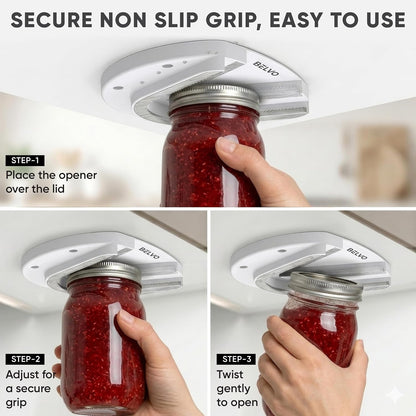 Belvo Under Cabinet Jar Opener for Weak Hands & Seniors – Heavy Duty Lid Opener for Arthritis, Easy Grip Under Counter Jar Opener Tool for Bottles & Lids – White