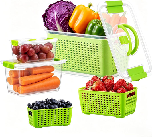 LUXEAR Produce containers for fridge,3 Set Fruit Containers with Removable Colander, BPA-Free Produce Saver Containers with Lids Dishwasher&Microwave Safe Keep Fruits, Vegetables, Berry, Fresh Longer