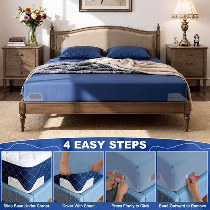 B-Land Bed Sheet Holders for Corners:4 Pack Non-Stretch External Clips- Fitted Sheet Grippers for Deep Pockets- No-Lift for Dorm & RV Beds, Keep Sheets Tight on Memory Foam & Twin-King (White+Grey)