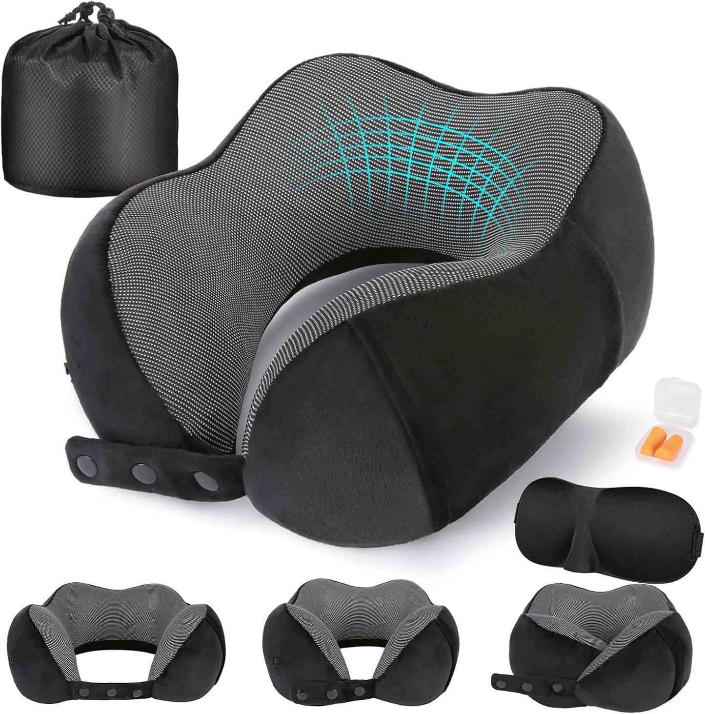 Cirorld Neck Pillow for Traveling, Travel Pillows for Airplanes,100% Pure Memory Foam Travel Neck Pillow, Adjustable Flight Pillow, Portable Plane Accessories with Eye Mask, Earplugs, Carry Bag