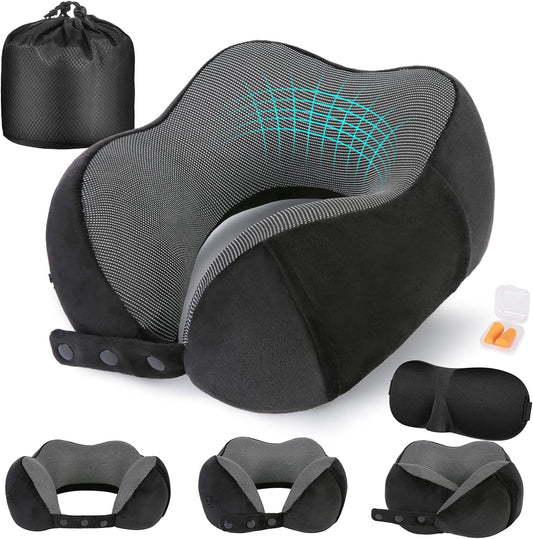 Cirorld Neck Pillow for Traveling, Travel Pillows for Airplanes,100% Pure Memory Foam Travel Neck Pillow, Adjustable Flight Pillow, Portable Plane Accessories with Eye Mask, Earplugs, Carry Bag