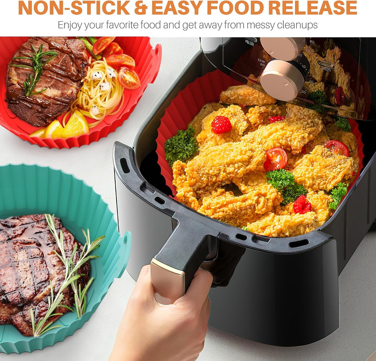 ME.FAN Air Fryer Silicone Liners for 4 to 7 QT [2 Pack] Reusable Air Fryer Basket with Handles & Holes Red