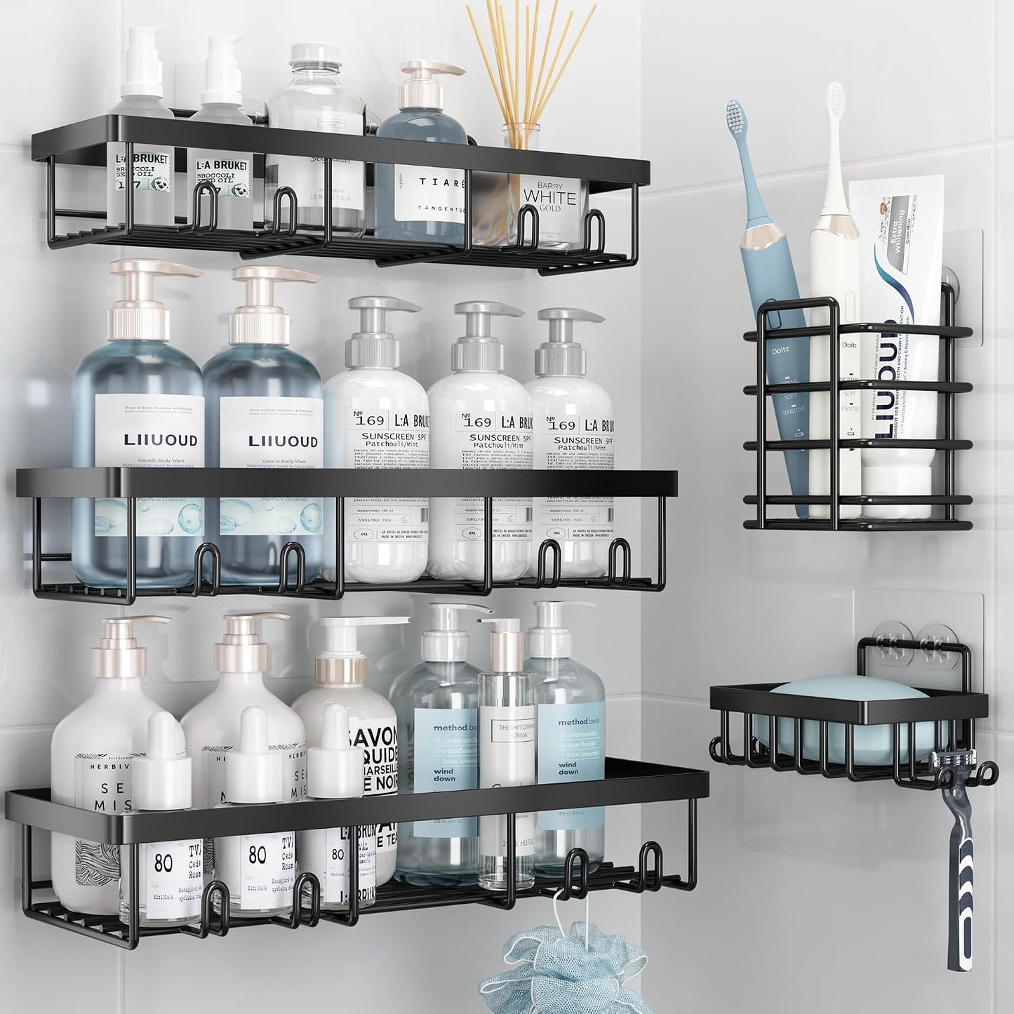 Liuoud 5 Pack Shower Caddy for Inside Shower, Gold Bathroom Storage Decor | Large Rustproof Stainless Steel Organizer with Strong Adhesive, No Drilling Wall Mounted Shelves, Bathroom Accessory Set