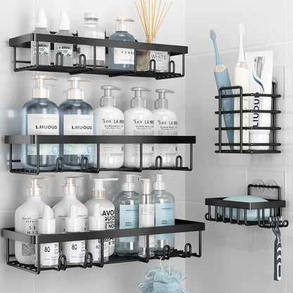 Liuoud 5 Pack Shower Caddy for Inside Shower, Gold Bathroom Storage Decor | Large Rustproof Stainless Steel Organizer with Strong Adhesive, No Drilling Wall Mounted Shelves, Bathroom Accessory Set