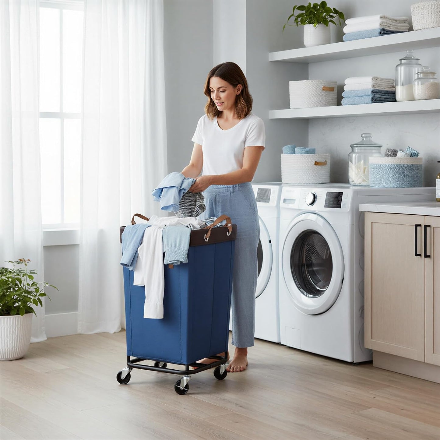 StorageWorks 160L Laundry Basket with Wheels, Rolling Hampers for Clothing | Beige Laundry Basket with Wheels, Metal Frame & Handles, Rolling Hamper for Bedroom, Bathroom, Dorm, Hotel