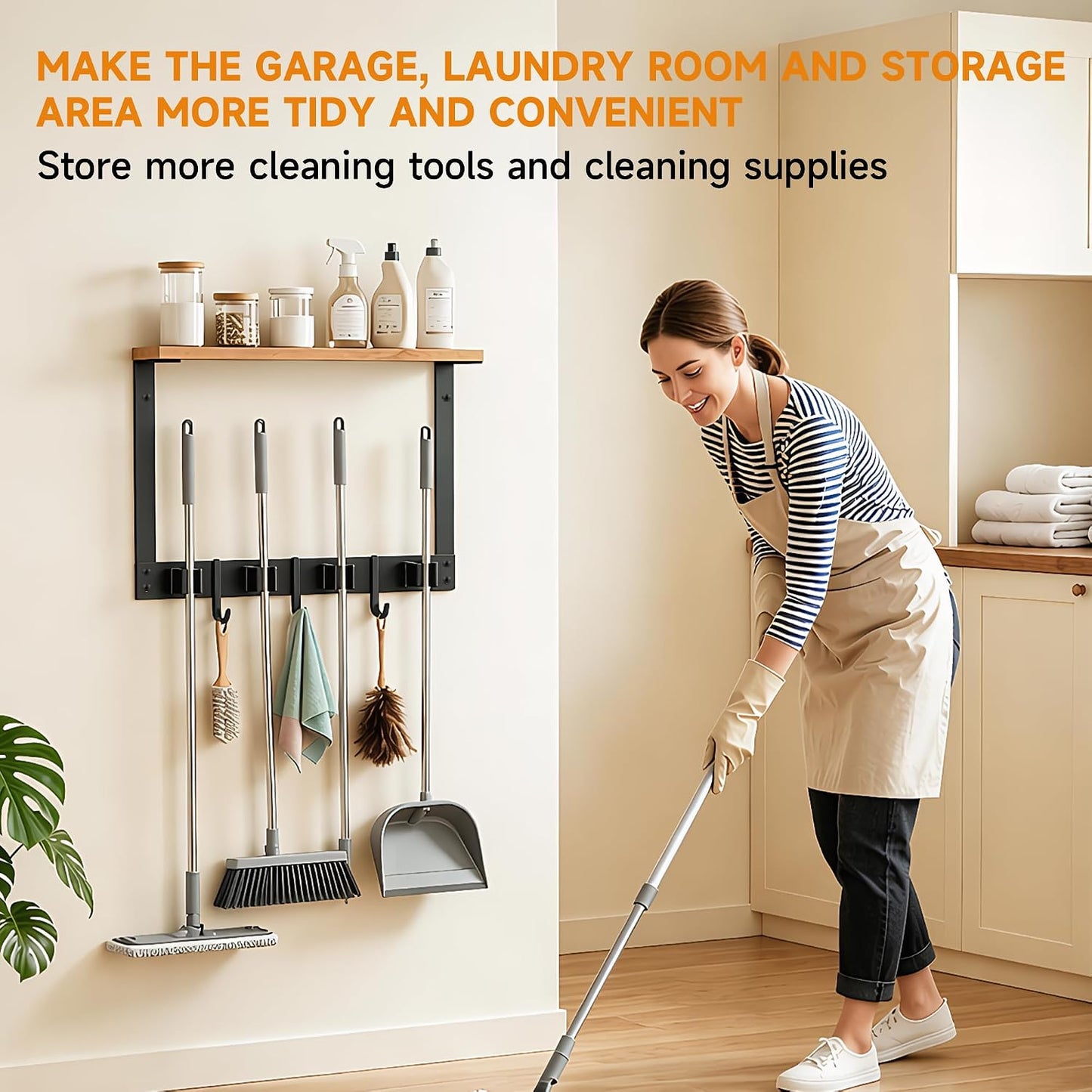 Broom Holder Wall Mount, Broom and Mop Organizer Wall Hanging with Solid Wood Frame,Organizer Rack Built with 4 Grippers & 3 Hooks; Broom Hanger Wall Mount for Laundry Room, Garages and Storage Room