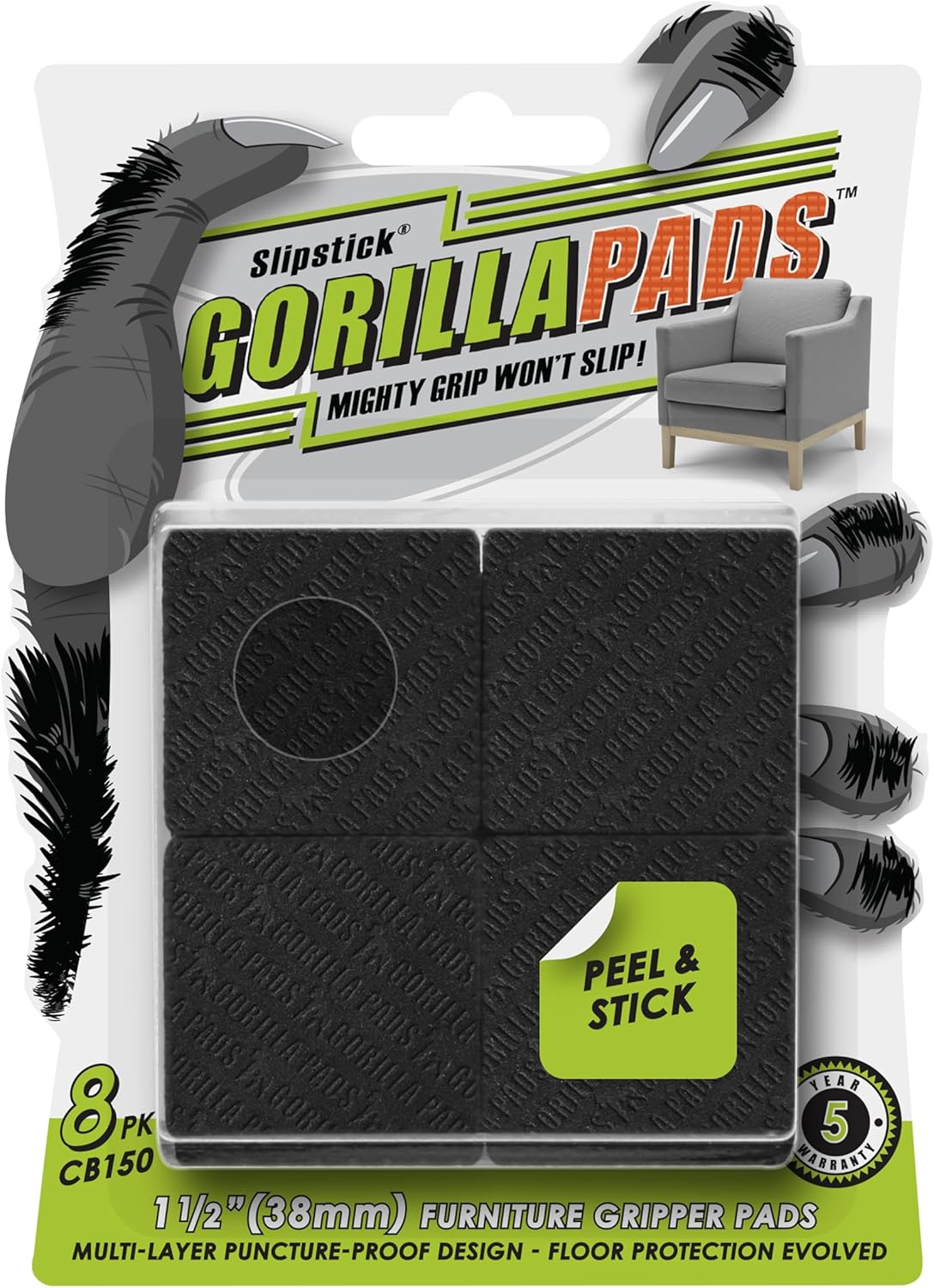Slipstick GorillaPads CB147 Non Slip Furniture Pads/Gripper Feet (Set of 16) Self Adhesive Rubber Floor Protectors, 1 inch Round, Black