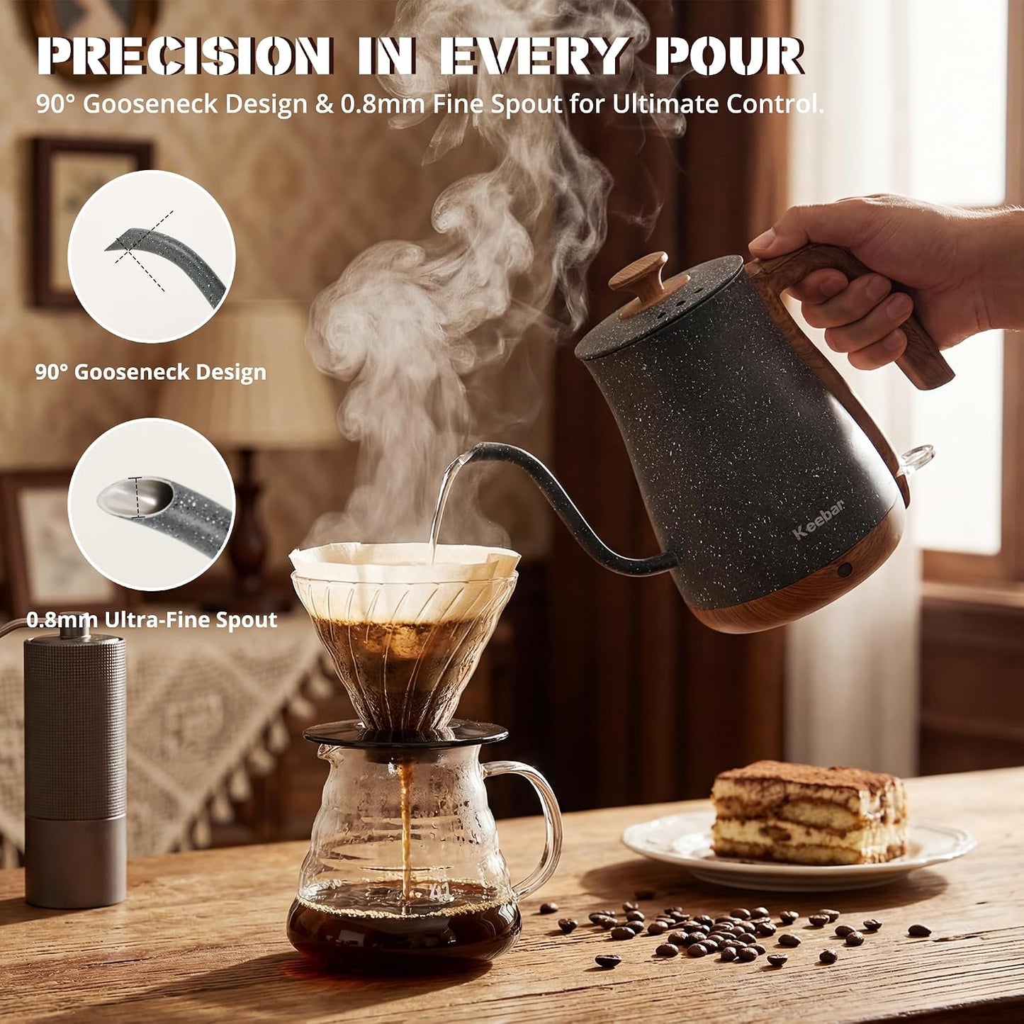 Gooseneck Electric Kettle, 0.8 L, 1000 W, Auto Shut-Off, Light Green | Compact 0.8 L Kettle With Stainless Steel Interior, Gooseneck Pour, Wood-Grain Handle, Auto Shut-Off And Boil-Dry Protection