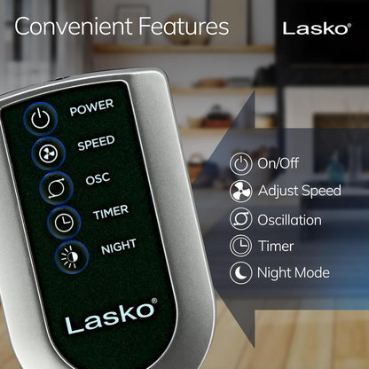 Lasko Tower Fan, Oscillating Performance, Remote Control, Nighttime Setting, Timer, 3 Speeds, High-Velocity Tower Fan, Room Fan for Bedroom or Office, 48" Gray, T48314