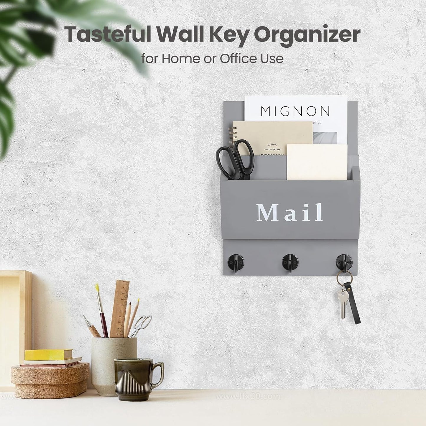 Mail and Key Holder, Wall Key Holder with 2 Mail Organizer Slot and 3 Hooks | Decorative 8.86" x 11.42" Mail Holder, Real Paulownia Wood with Keyhole Brackets, Hardware and Instructions
