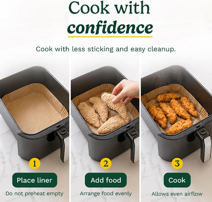 Cuisinart Air Fryer Liners Disposable, 150 Pack, 7.75" Square | Food-grade unbleached silicone-coated parchment for air fryer basket, non-stick to 428F, traps grease, oven & microwave safe