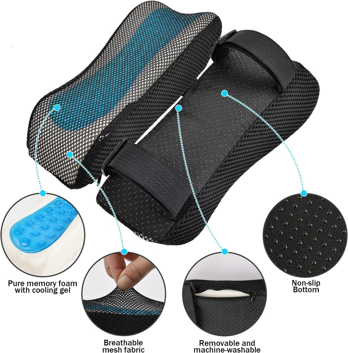 THARAHT 2pcs Ergonomic Blue Mesh Gel Memory Foam Armrest Support Pillow Anti Slip Adjustable Office Chair Games Home Wheelchairs