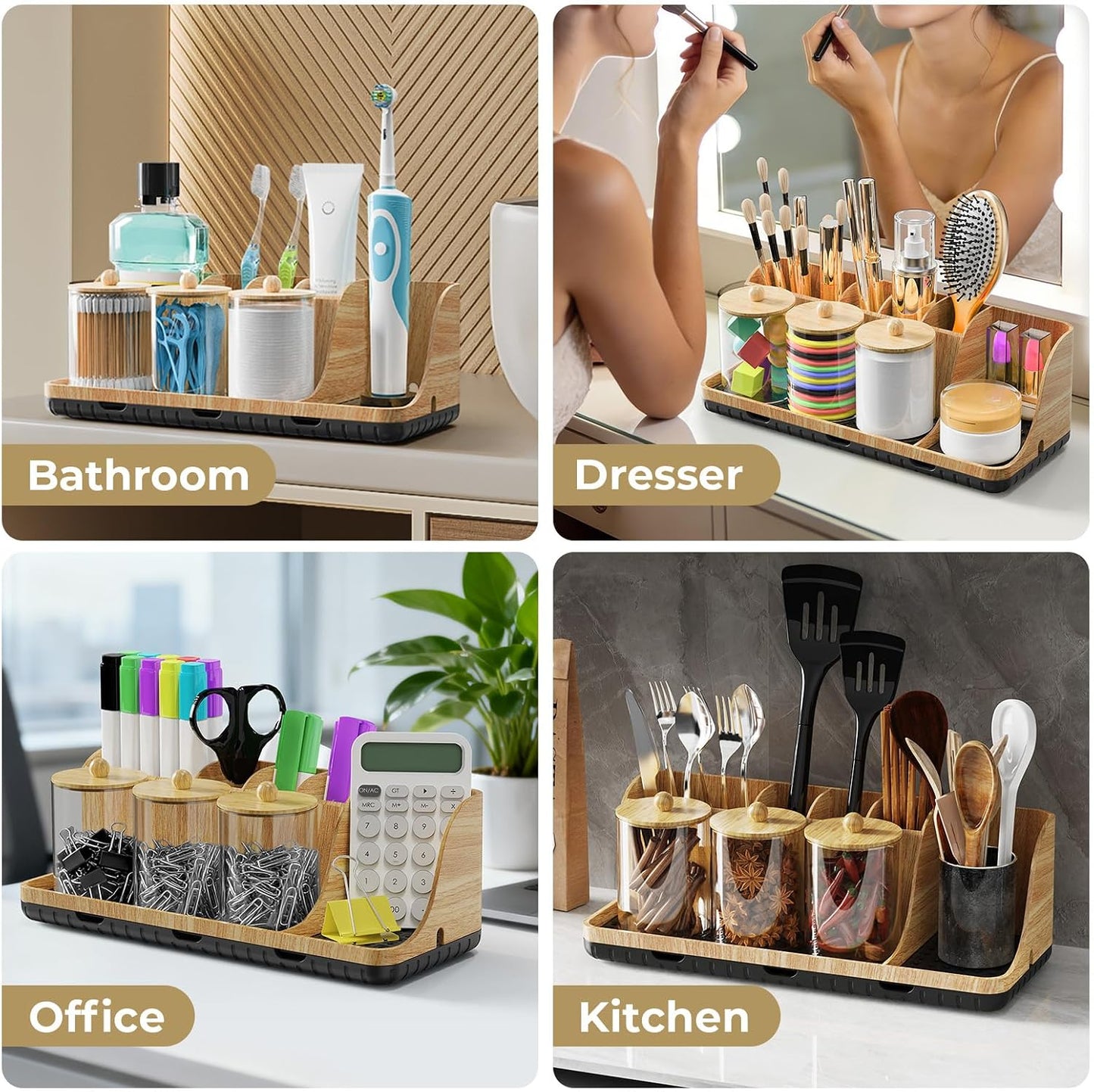 Bathrooms Toothbrush Holder Set with 3 PCS Qtip Holder (Wood Grain) | Easy to clean, Drainage, Detachable, Non-Slip, Kids Electric Toothbrush and Toothpaste Holder for Bathroom Counter Organizer