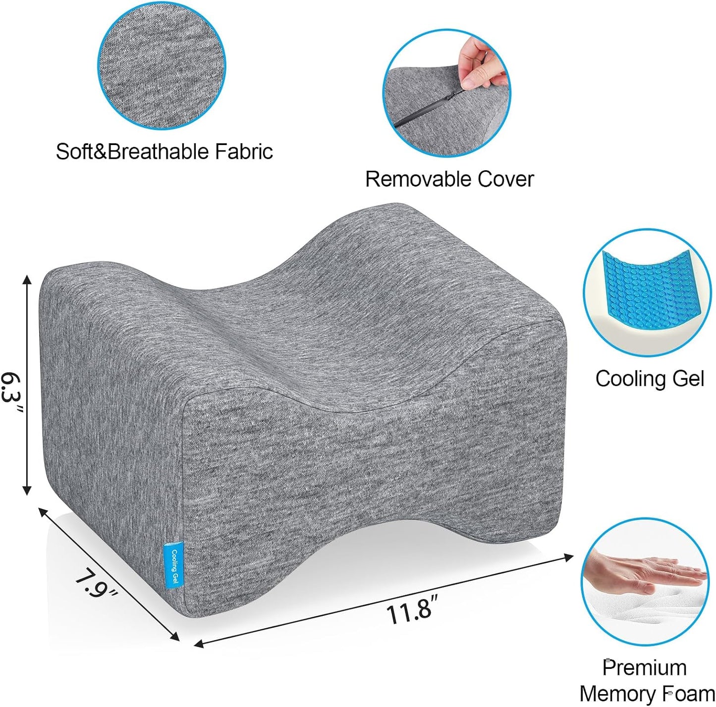 Knee Pillow for Side Sleepers, Leg Pillow with Cooling Gel, Grey/Large | Memory Foam Elevation Pillow for Spine Aligning, Sciatica, Back, Hip, Knee, Ankle Pain