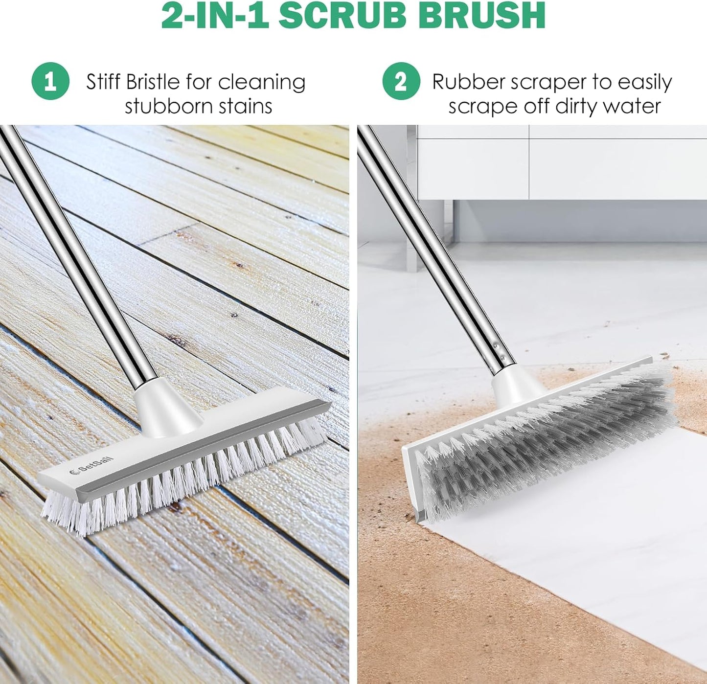 SetSail Floor Scrub Brush with 51-Inch Long Adjustable Handle 2 in 1 Scrape Brush Stiff Bristle Floor Scrubber for Cleaning Shower Bathroom Garage Kitchen Wall Deck Tub Tile | 2 in 1 Scrape Brush Stiff Bristle Floor Scrubber for Cleaning Shower Bathroom