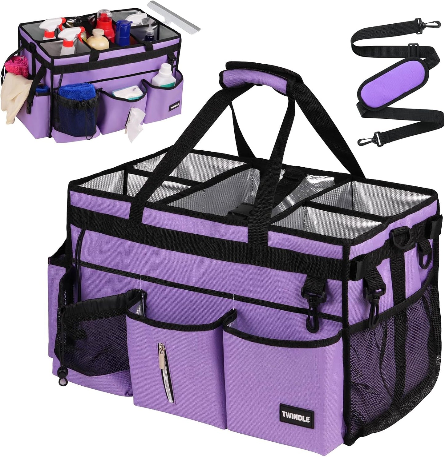 Extra Large Cleaning Caddy Bag with Built-In Support Board, Cleaning Tote Organizer with Removable Divider, Supply Carryall with Adjustable Shoulder Strap and Waist Belt for Cleaners & Housekeeper